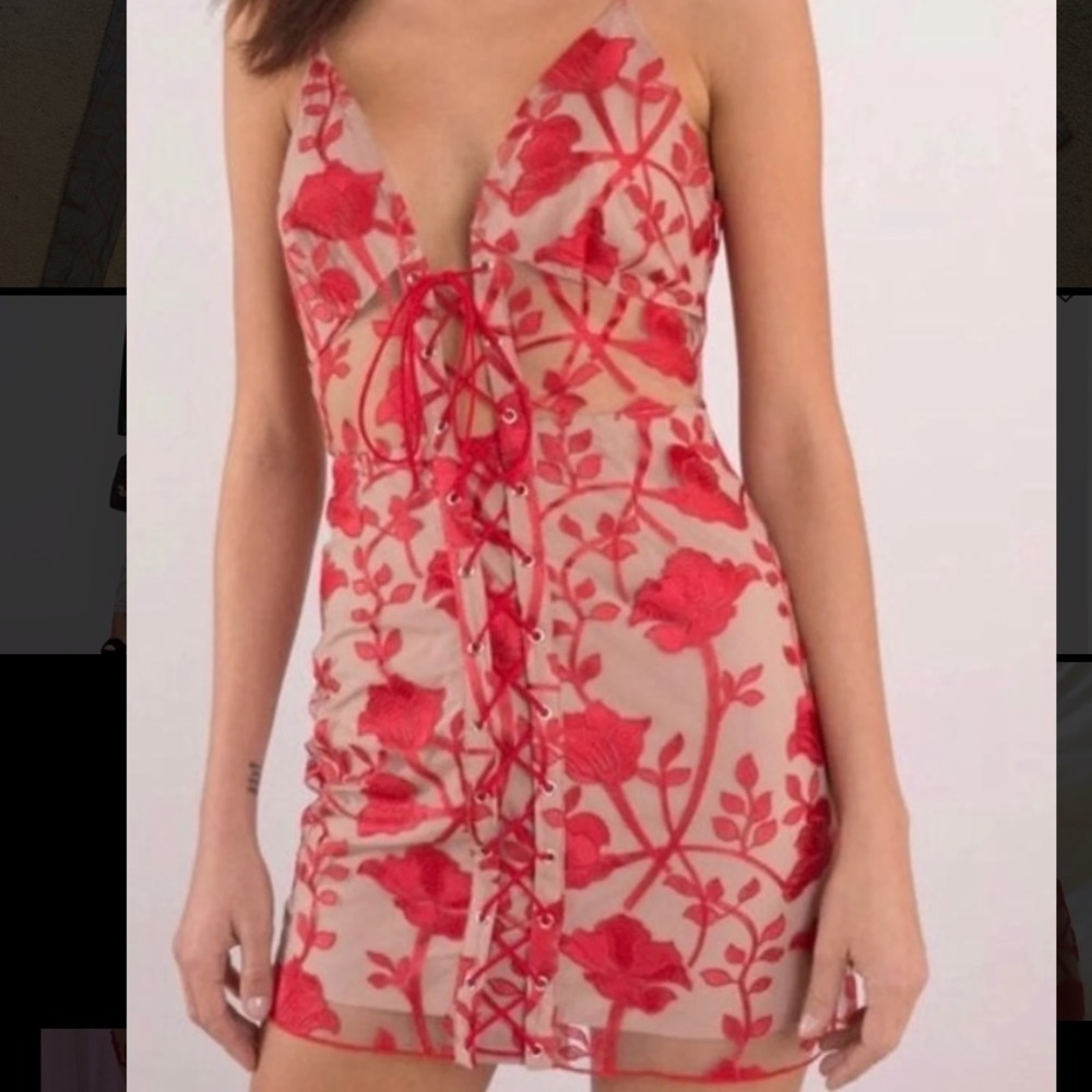 Tobi red embroidered lace up dress
